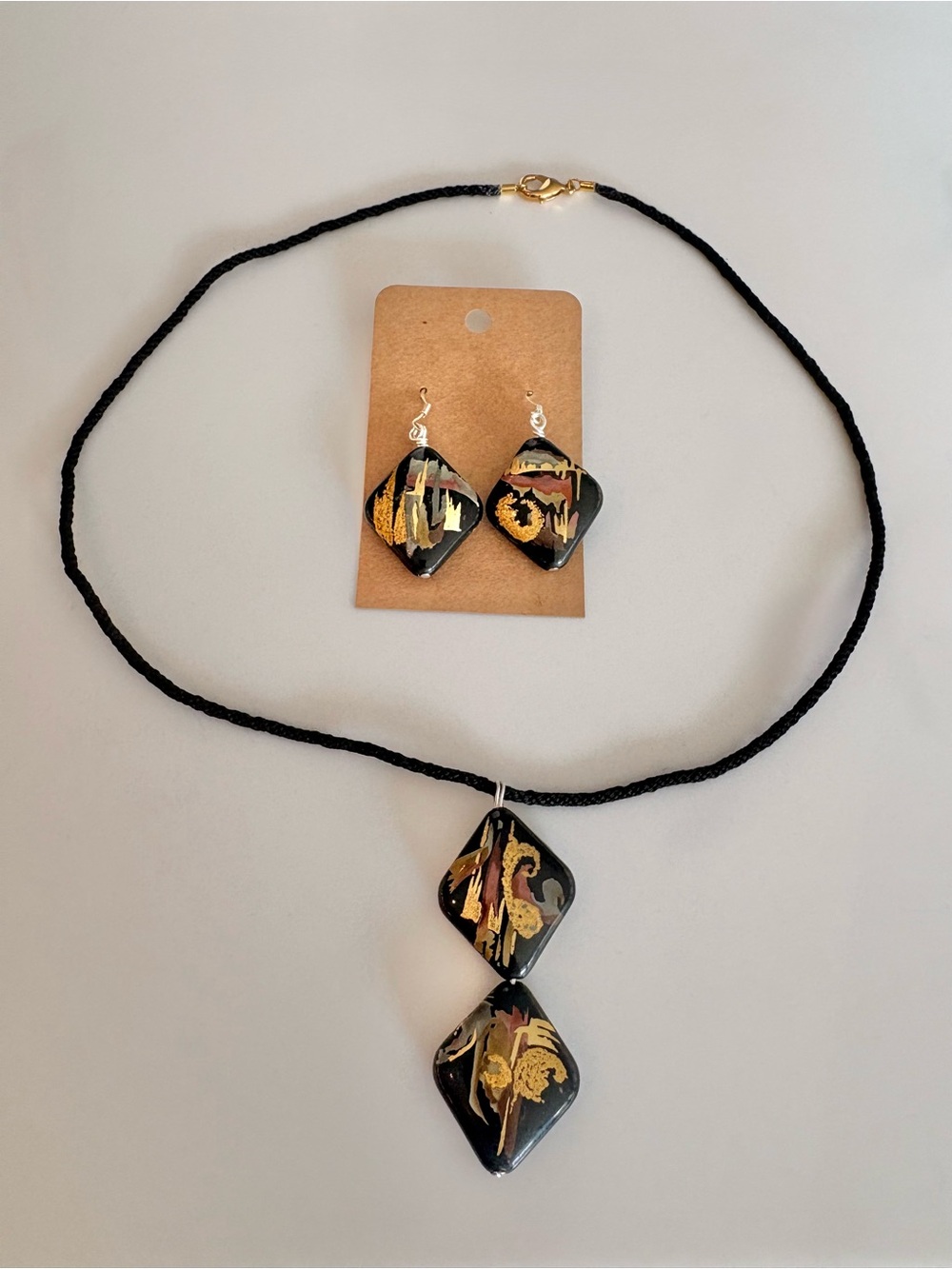 Vintage Japanese Lacquer Bead Kumihimo Jewelry Set 🖤✨